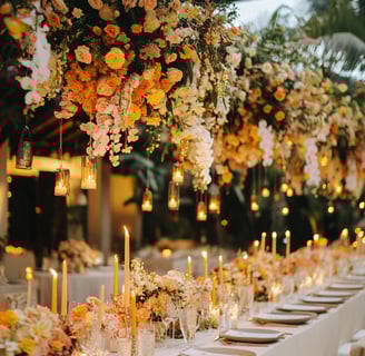 a long table with candles and candles on it