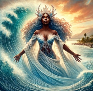 African water spirit depicted as a beautiful mermaid-like figure with flowing hair