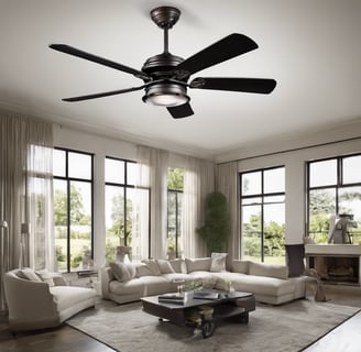 a living room with a ceiling fan and a ceiling fan