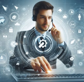 a man in a suit and headphones with a laptop
