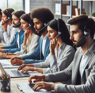 a group of people sitting at a table with headsets and headsets