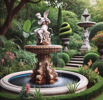 An elegant statue garden fountain featuring a classical sculpture with water flowing from the statue into a surrounding basin