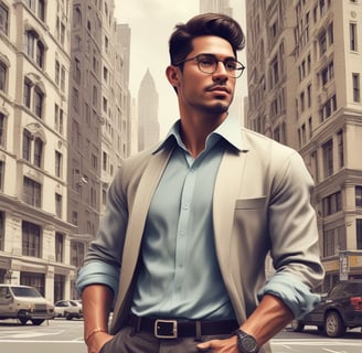 a man in a suit and glasses standing in front of a cityscapeople