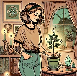 a woman standing in front of a table with a potted plant