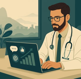 Médico de jaleco usando notebook em consultório moderno, com gráficos de crescimento