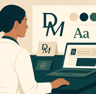 Médica observando elementos de identidade visual em um ambiente profissional e minimalista.