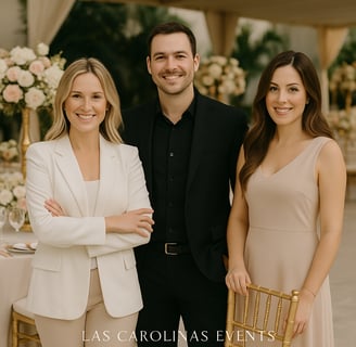 Professional event planning team supervising a luxury outdoor event setup with elegant table decor and floral arrangements by