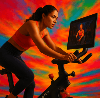 a woman is riding a Peloton Bike+ in a brightly colored background