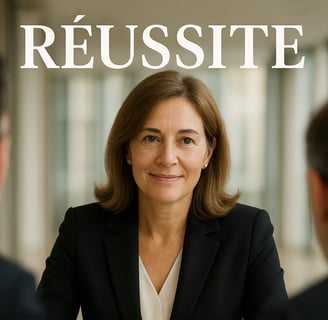 a woman on his new job in a suit and tie sitting at a table