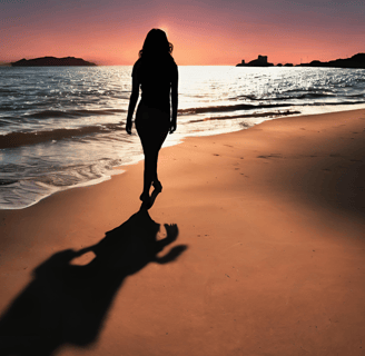 a woman walking on the beach at sunset