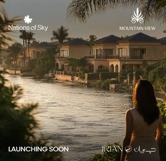 Scenic sunset view of waterfront villas in Jirian overlooking the New Nile – Mountain View × Nations