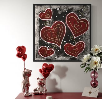 original painting of red hearts in grunchy black background