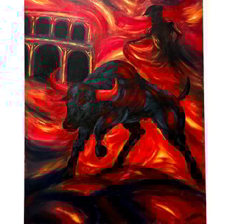 a painting of a man riding a bull in a red and black and white painting