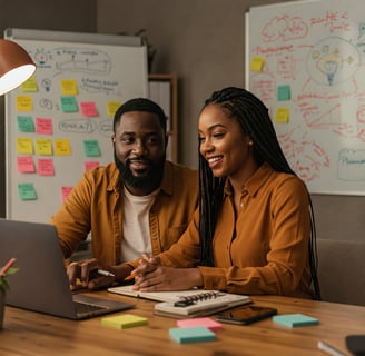 a man and woman sitting at a table with a laptop