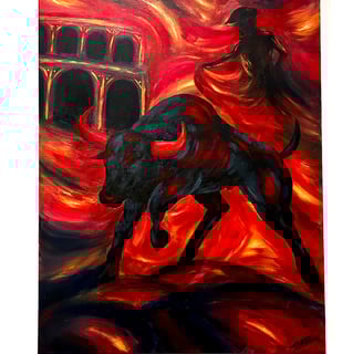 Ilona Paris tableau d'une scène de tauromachie comprenant une lutte entre un taureau et un torero