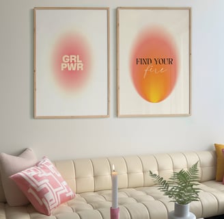 2 Aura Glow by Noor's Notes large scale format wall prints framed on the wall in a minimalistic feminine lounge living room.