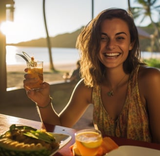 a smiling woman enjoying her Indian food and drink on the shores of Mauritius at sunset