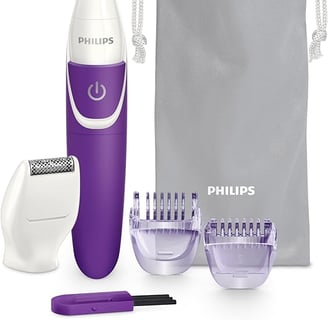 a purple philips electric shaver with a bag