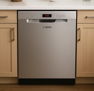 Bosch stainless steel dishwasher installed under a white quartz countertop in a modern kitchen 