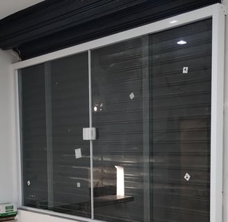 a room with a large window and a window