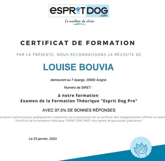 Certificat de formation théorique Esprit Dog Pro
