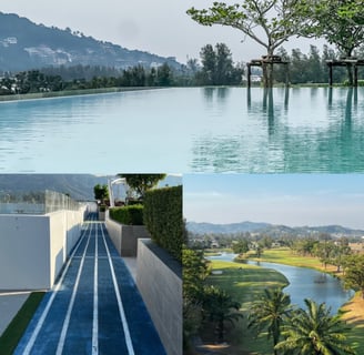 A building top with a jogging track, infinity pool and mountain range in the background