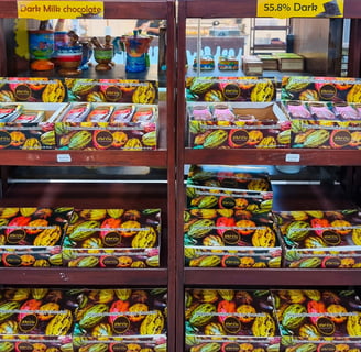 Del Oro organic Dominican chocolate bars on display, made with local cacao and fine ingredients