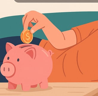 Ilustrasi seorang anak muda menyisihkan uang ke dalam celengan sambil rebahan