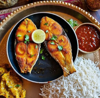 a plate of food with fosh fry and rice