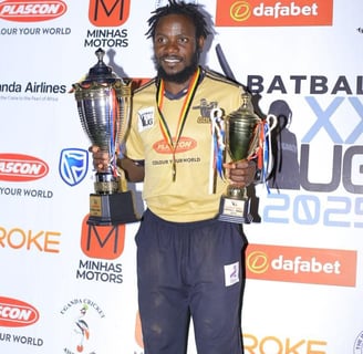 Player of the tournament and Captain of the winning team with trophies at BATBALL MAXX T20 Uganda