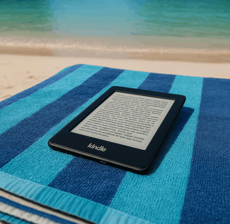 A Kindle Paperwhite on a beach towel on a Thai Beach with the ocean in the background
