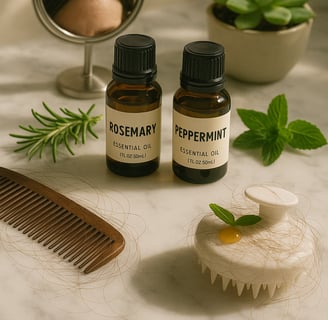 Rosemary and peppermint oils with hair loss tools, strands and scalp reflection