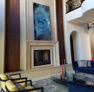 Art - Infinate Waters by Joline Renn and 8x4 resin piece -walls are venetian plaster in off white