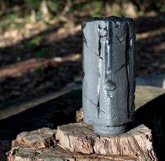 vaso de cerâmica artística preto sob peça de madeira