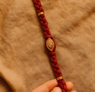 Fio vermelho com espiral dourada representando estrutura energética e transmissão intuitiva da cura