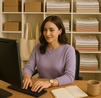 mujer respondiendo correos sobre pedidos de camisetas y tote bags