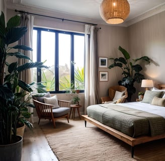 Skandinavisches Schlafzimmer mit Pflanzen und Holzmöbeln