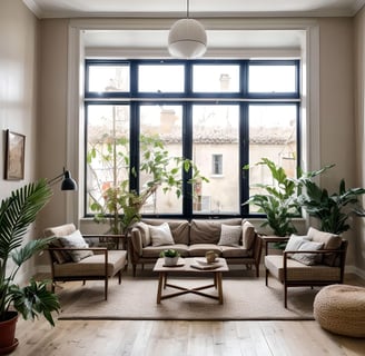 Skandinavisches Wohnzimmer mit Holzmöbeln und Bodenkissen, Pflanzen, großes Fenster