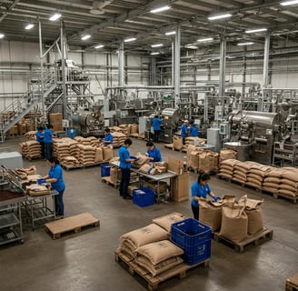 a factory floor with workers in blue uniforms