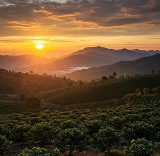 a sunset over a vineyard with a view of the mountains