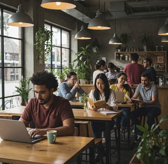 a man and woman sitting at a table with laptops