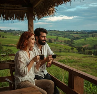 a man and woman sitting on a porch with a cup of coffee