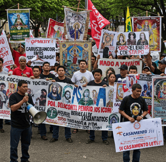 a group of people holding up signs and holding up signs