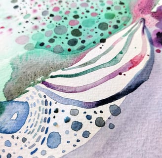 Artiste Eva Girardeau , quarelle abstraite détails, tons verts, bleus, violets