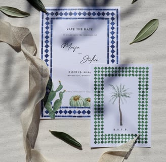 invitation and rsvp card side by side moroccan theme with cacti palm trees and typical tiles