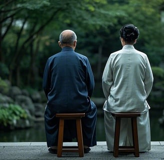 old couple sitting on stools, meditating