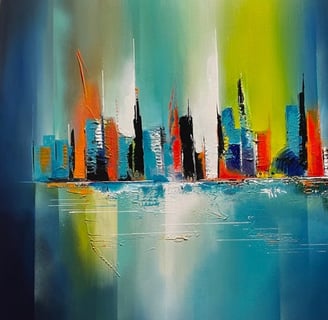 tableau peinture acrylique représentant une ville abstraite très colorée
