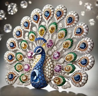 a luxury Peacock Brooch by Graff Diamonds, featuring a detailed arrangement of over 1,300 gemstones in the shape of a peacock