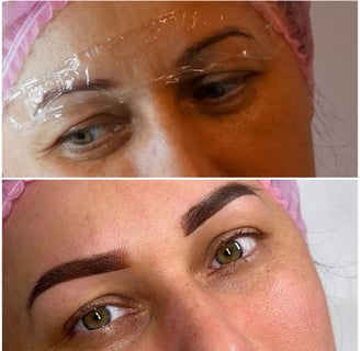  Auugenbraen von einer professionellen Kosmetikerin gestalten lässt, mit Permanent Make-Up Pudertech