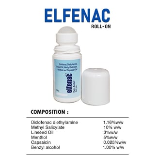 elfenac roll on, pain relief, diclofenac, methyl salicylate, linseed oil, menthol, capsaicin, benzyl
